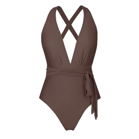 NWT Cupshe size Small Brown Plunge Cross back Tie One Piece Swimsuit Sexy New - Picture 1 of 12